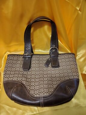 Vintage Coach Brown Signature Print Tote Bag with Leather Trim